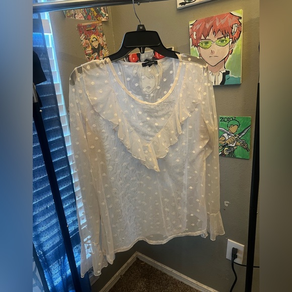 Ambiance| White mesh ruffled long sleeve top - Picture 3 of 5